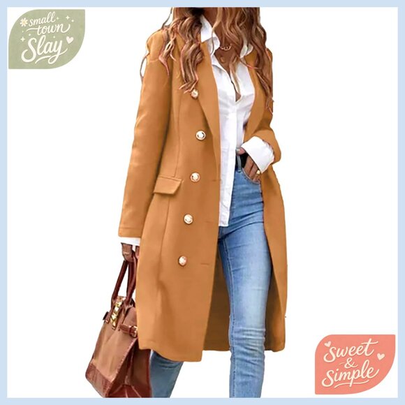 Long Wool Pea Coat Double Breasted Knee Length Classic Fit